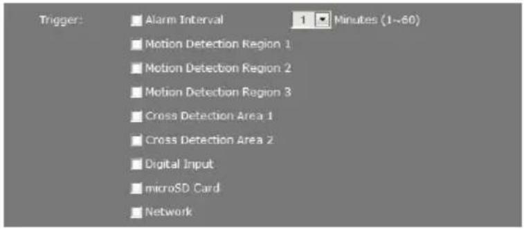 Trigger: Alarm Interval 1 Minutes (1~60) Motion Detection Region 1 Motion Detection Region 2 Motion Detection Region 3 Cross Detection Area 1 Cross Detection Area 2 Digital Input microSD Card Network