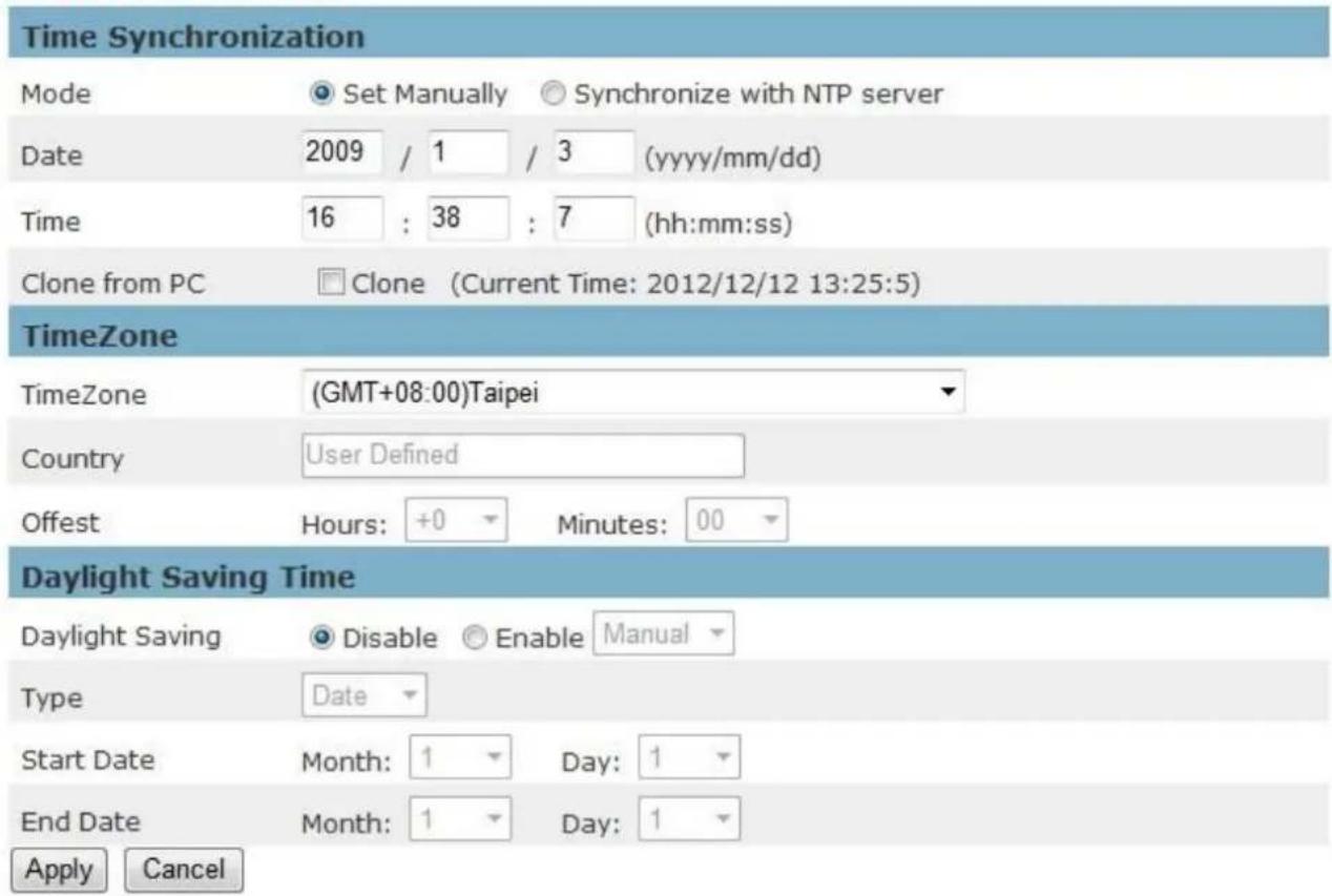 Time Synchronization Mode Set Manually Synchronize with NTP server Date 2009 / 1 / 3 (yyyy/mm/dd) Time 16 : 38 : 7 (hh:mm:ss) Clone from PC Clone (Current Time: 2012/12/12 13:25:5) TimeZone TimeZone (GMT+08:00)Taipei Country User Defined Offest Hours: +0 Minutes: 00 Daylight Saving Time Daylight Sav…