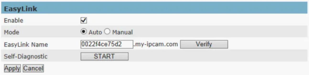 EasyLink Enable ✓ Mode ● Auto ○ Manual EasyLink Name 0022f4ce75d2 .my-ipcam.com Verify Self-Diagnostic START Apply Cancel
