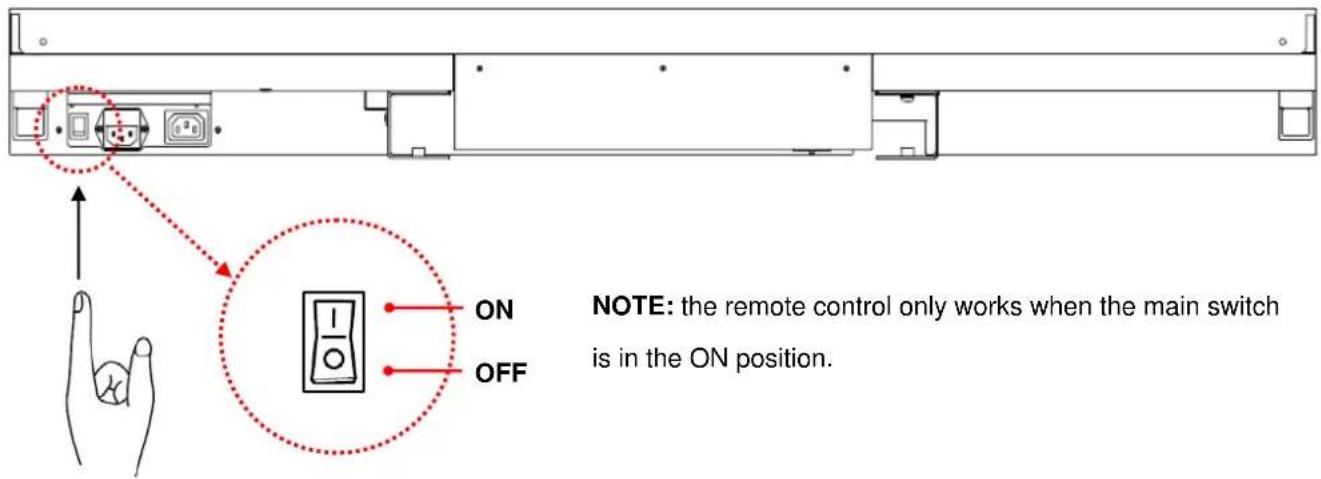 NOTE: the remote control only works when the main switch is in the ON position. ON OFF