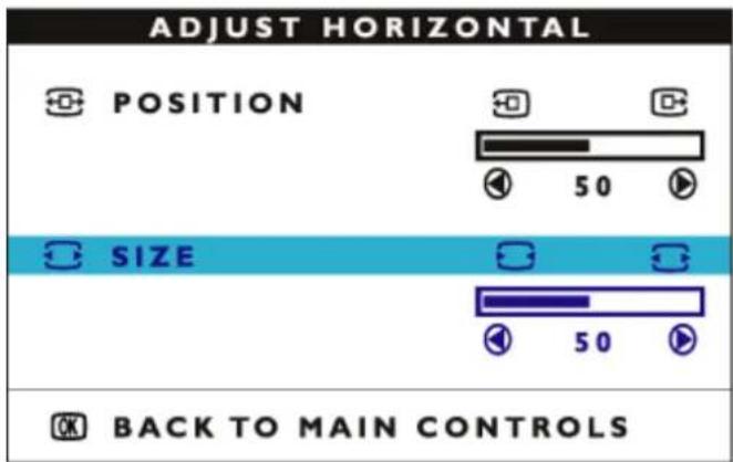 ADJUST HORIZONTAL POSITION 50 SIZE 50 BACK TO MAIN CONTROLS