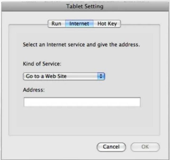 Tablet Setting Run Internet Hot Key Select an Internet service and give the address. Kind of Service: Go to a Web Site Address: Cancel OK