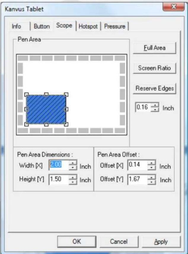 Kanvus Tablet Info | Button | Scope | Hotspot | Pressure | Pen Area Full Area Screen Ratio Reserve Edges 0.16 Inch Pen Area Dimensions : Width [X] 2.00 Inch Height [Y] 1.50 Inch Pen Area Offset : Offset [X] 0.14 Inch Offset [Y] 1.67 Inch OK Cancel Apply