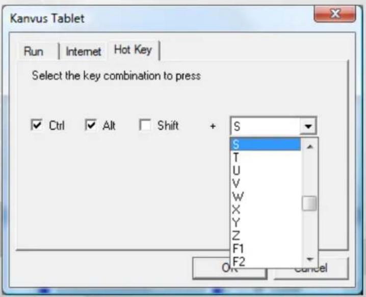 Kanvas Tablet Run | Internet | Hot Key | Select the key combination to press ✓ Ctrl ✓ Alt □ Shift + S S T U V W X Y Z F1 F2 OK Cancel