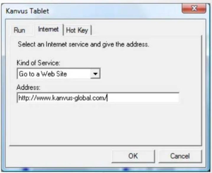 Kanvas Tablet Run Internet Hot Key Select an Internet service and give the address. Kind of Service: Go to a Web Site Address: http://www.kanvas-global.com/ OK Cancel