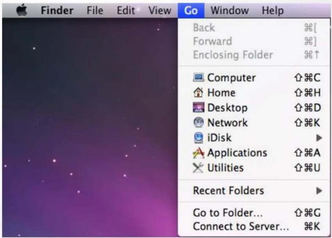 Finder File Edit View Go Window Help Back Forward Enclosing Folder Computer Home Desktop Network iDisk Applications Utilities Recent Folders Go to Folder... Connect to Server... [ ] ↑C H D K A U G K