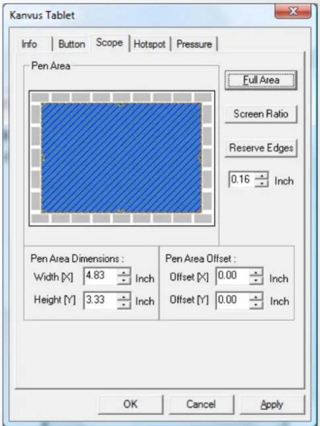 Kanvus Tablet Info | Button | Scope | Hotspot | Pressure | Pen Area Full Area Screen Ratio Reserve Edges 0.16 Inch Pen Area Dimensions : Width [X] 4.83 Inch Height [Y] 3.33 Inch Pen Area Offset : Offset [X] 0.00 Inch Offset [Y] 0.00 Inch OK Cancel Apply