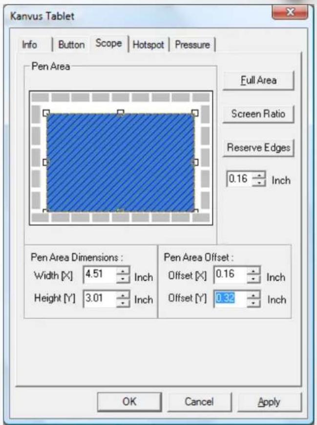 Kanvus Tablet Info | Button | Scope | Hotspot | Pressure | Pen Area Full Area Screen Ratio Reserve Edges 0.16 Inch Pen Area Dimensions : Width [X] 4.51 Inch Height [Y] 3.01 Inch Pen Area Offset : Offset [X] 0.16 Inch Offset [Y] 0.32 Inch OK Cancel Apply