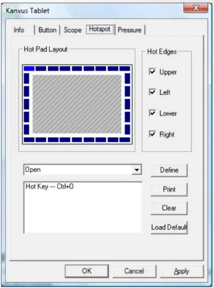 Kanvus Tablet Info | Button | Scope | Hotspot | Pressure | Hot Pad Layout Hot Edges ✓ Upper ✓ Left ✓ Lower ✓ Right Open Define Print Clear Load Default Hot Key --- Ctrl+O OK Cancel Apply