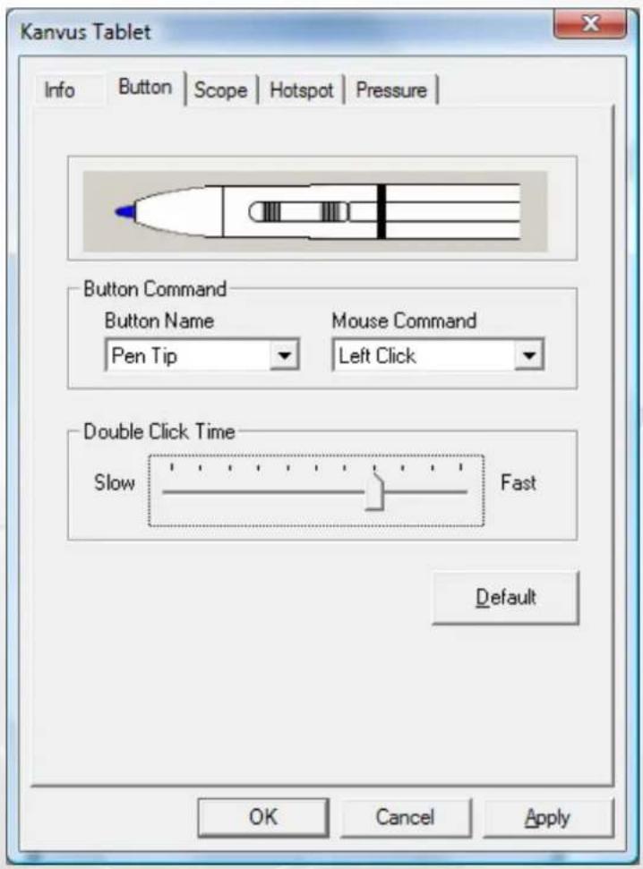 Kanvus Tablet Info Button Scope Hotspot Pressure Button Command Button Name Mouse Command Pen Tip Left Click Double Click Time Slow Fast Default OK Cancel Apply