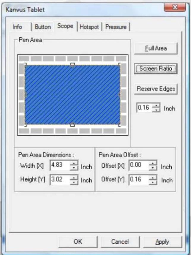 Kanvus Tablet Info | Button | Scope | Hotspot | Pressure | Pen Area Full Area Screen Ratio Reserve Edges 0.16 Inch Pen Area Dimensions : Width [X] 4.83 Inch Height [Y] 3.02 Inch Pen Area Offset : Offset [X] 0.00 Inch Offset [Y] 0.16 Inch OK Cancel Apply