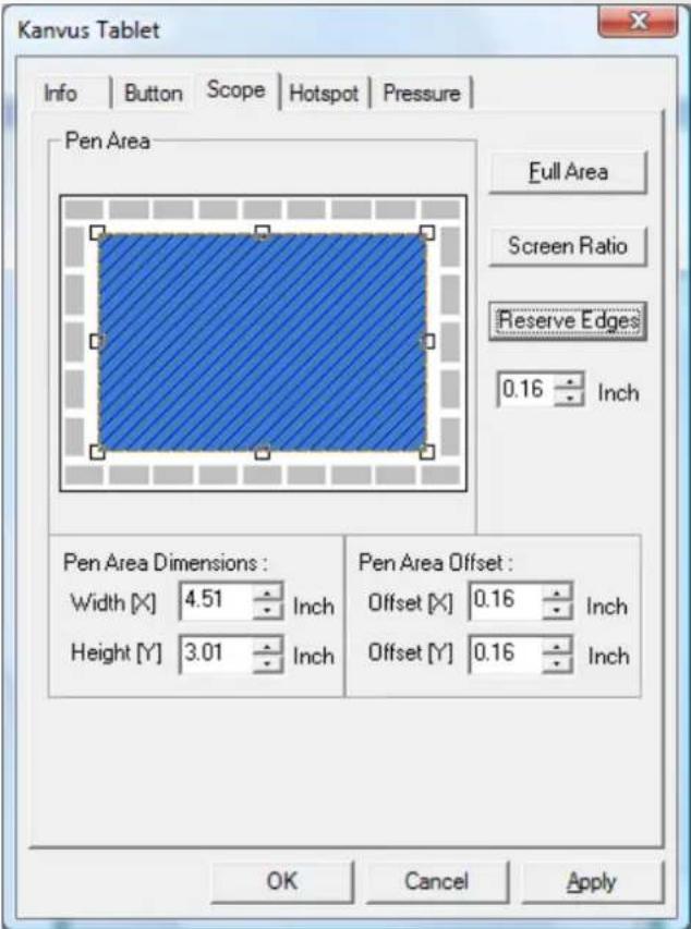 Kanvus Tablet Info | Button | Scope | Hotspot | Pressure | Pen Area Full Area Screen Ratio Reserve Edges 0.16 Inch Pen Area Dimensions : Width [X] 4.51 Inch Height [Y] 3.01 Inch Pen Area Offset : Offset [X] 0.16 Inch Offset [Y] 0.16 Inch OK Cancel Apply