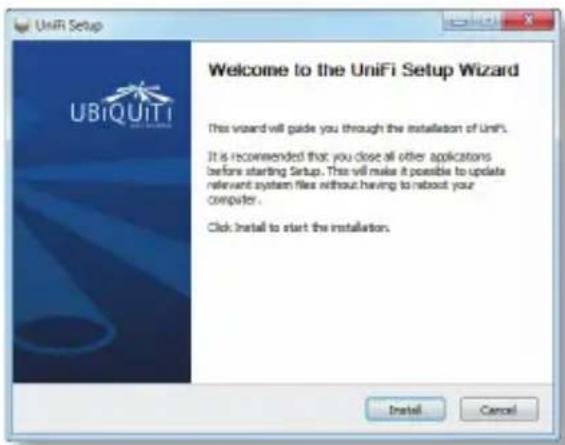 UniFi Setup Welcome to the UniFi Setup Wizard This wizard will guide you through the installation of UniFi. It is recommended that you close all other applications before starting Setup. This will make it possible to update relevant system files without having to reboot your computer. Click install to start the installation. Install Cancel