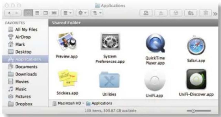Applications FAVORITES All My Files AirDrop Mark Desktop Applications Documents Downloads Movies Music Pictures Dropbox Shared Folder Preview.app System Preferences.app QuickTime Player.app Safari.app Stickies.app Utilities UniFi.app UniFi-Discover.app Macintosh HD > Applications 100 items, 309.87 GB available