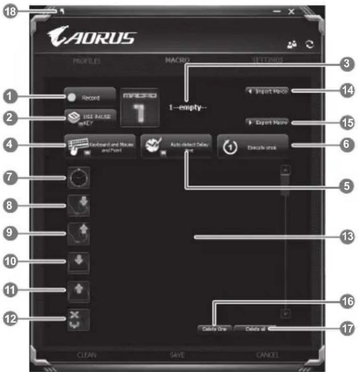 AORUS 18 1 2 3 4 5 6 7 8 9 10 11 12 13 14 15 16 17 CLOAN SAVE CANCEL PROFILES MACRO SETTINGS Record MACRO USE PULSE KEY 1---empty-- Import Macro Export Macro Keyboard and Mouse and Plant Auto detect Delay OK Execute drive Delete One Delete at