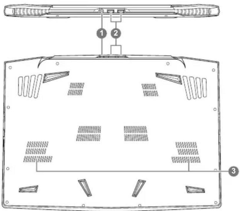 Technical diagram of a device rear panel with labeled components and internal layout