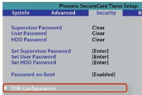 SAMSUNG ATIV NP900X4D-K01HK - If the BIOS screen appears, select the Security > TPM Configuration item and press Enter. - 1