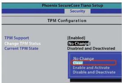 SAMSUNG ATIV NP900X4D-K01HK - Set the TPM Support item to Enabled and set the Change TPM Status to Clear. - 1