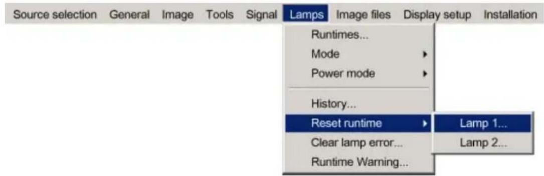 Source selection General Image Tools Signal Lamps Image files Display setup Installation Runtimes... Mode > Power mode > History... Reset runtime ▶ Lamp 1... Clear lamp error... Lamp 2... Runtime Warning...