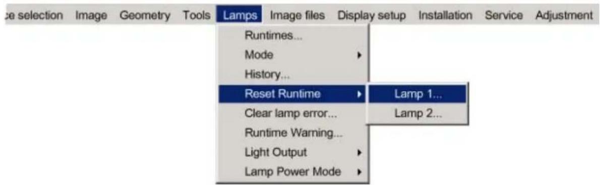 Lamps Image files Display setup Installation Service Adjustment Runtimes... Mode History... Reset Runtime Clear lamp error... Runtime Warning... Light Output Lamp Power Mode Lamp 1... Lamp 2...