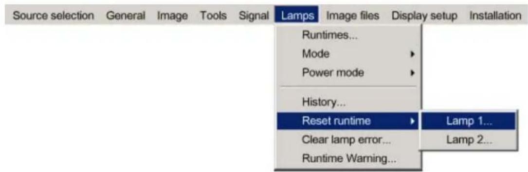 Source selection General Image Tools Signal Lamps Image files Display setup Installation Runtimes... Mode > Power mode > History... Reset runtime > Lamp 1... Clear lamp error... Lamp 2... Runtime Warning...