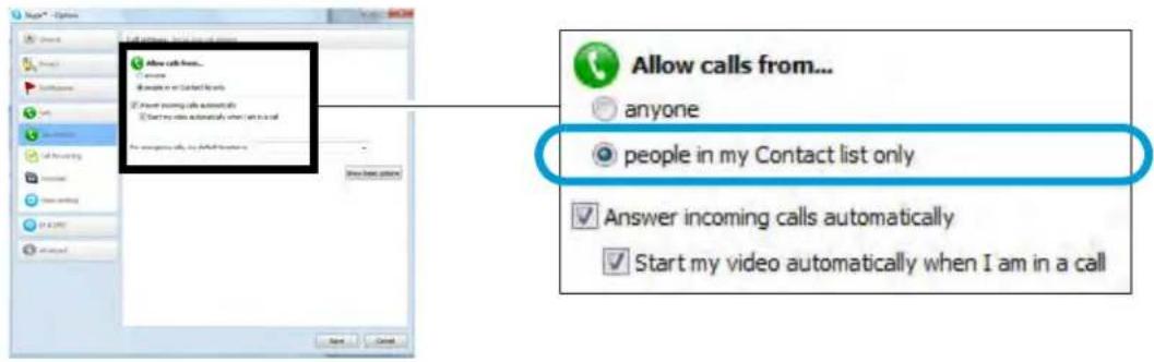 Lorex LW242B - Under Allow calls from..., select people in my Contact list only. This will prevent the device from accepting Skype calls from anyone who is not in the contact list for its account. - 1