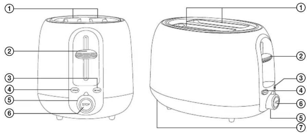 Technical diagram of a toaster with numbered parts for identification and assembly reference.