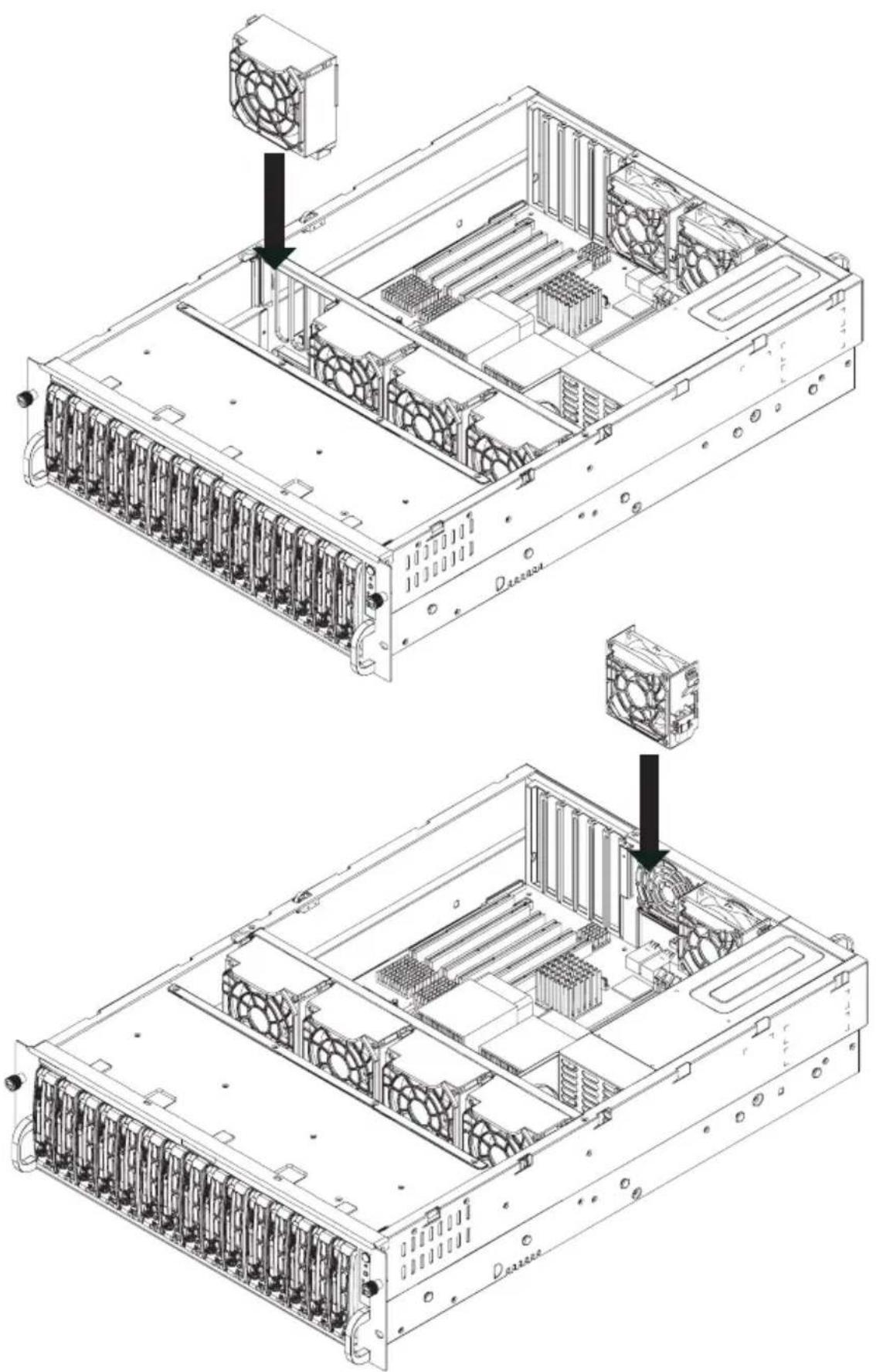 Technical diagram of a server rack with labeled components and two views showing internal hardware layout and fan installation.