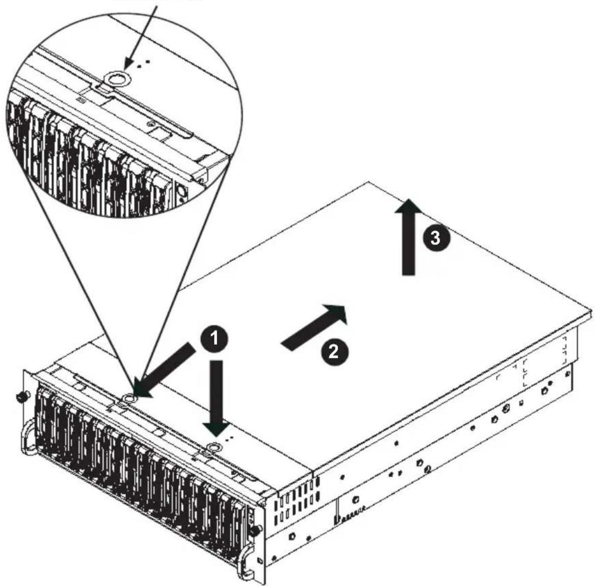 Technical diagram of a server rack with labeled components and an inset showing internal structure details.