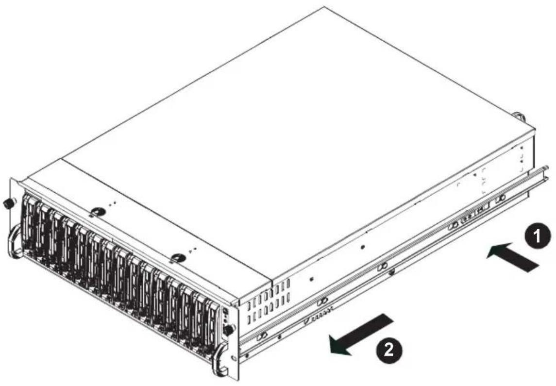 Technical diagram of a server rack with labeled components and directional arrows indicating assembly or movement.