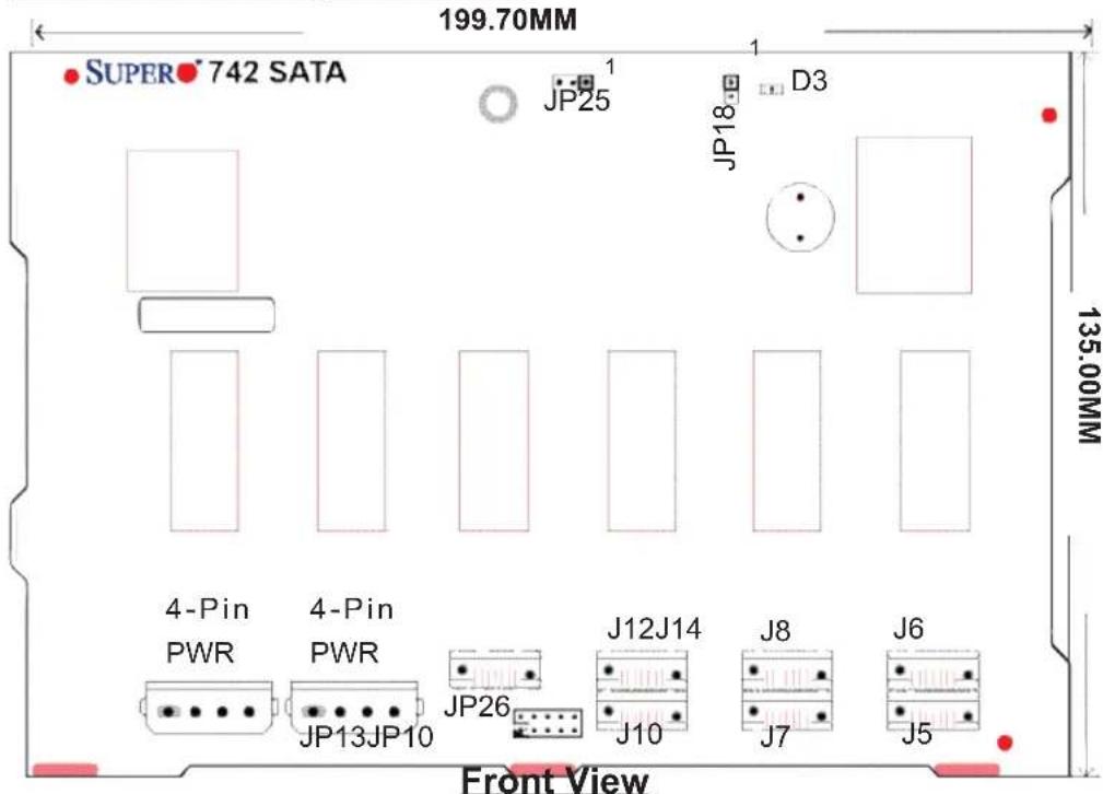 199.70MM SUPER 742 SATA JP25 JP18 D3 135.00MM 4-Pin PWR 4-Pin PWR JP13JP10 JP26 J12J14 J8 J6 Front View