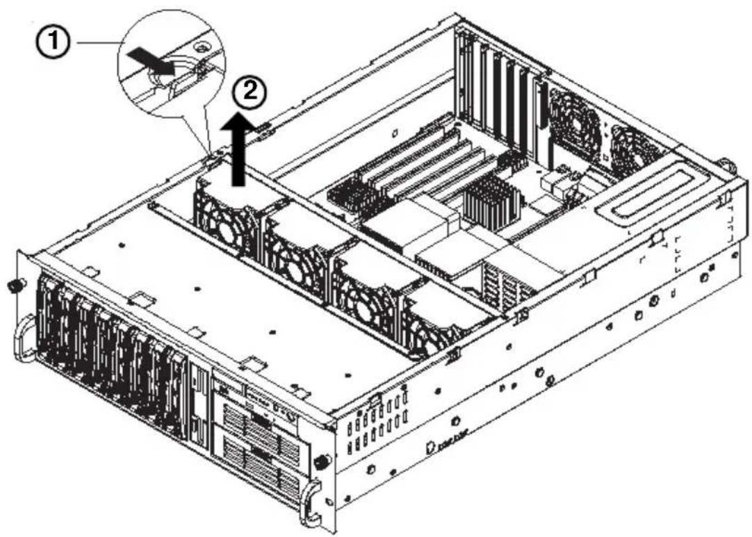 Technical diagram of a server rack with numbered annotations indicating component locations