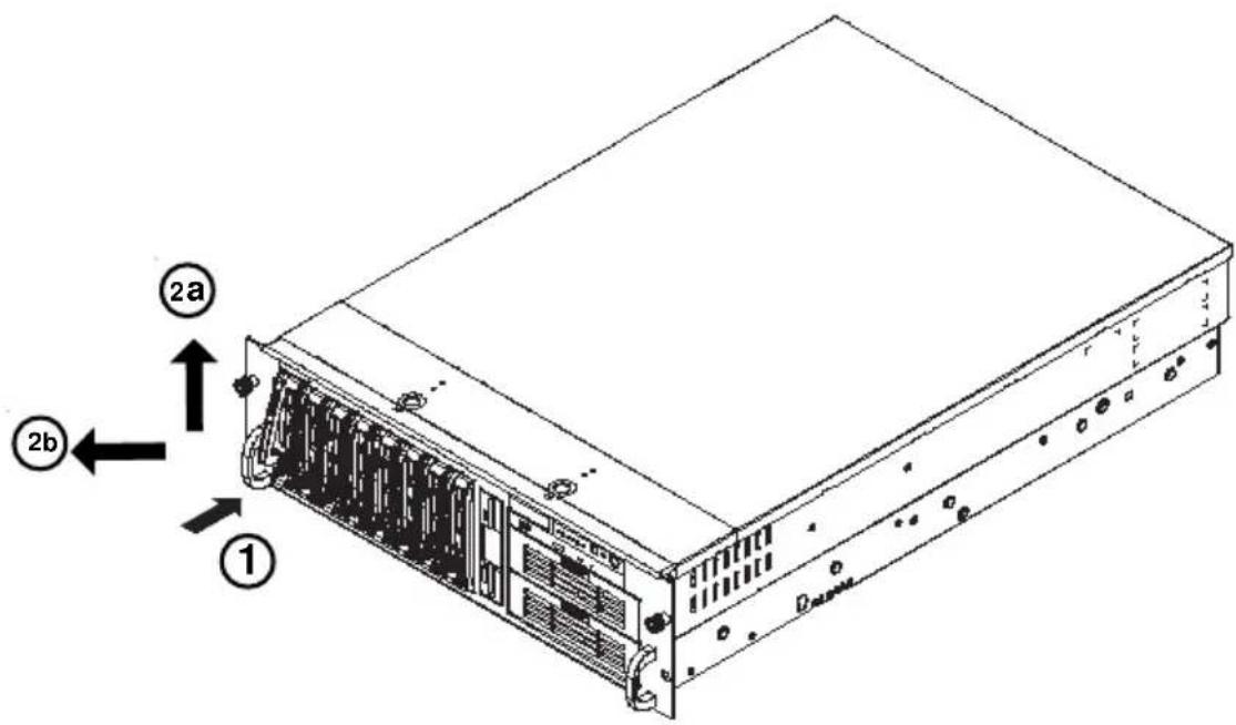Technical diagram of a server rack with labeled components and directional arrows indicating assembly or data flow.