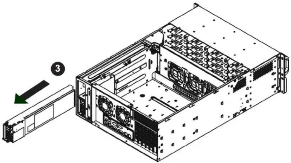 Technical diagram of a server rack with labeled components and directional arrow indicating assembly or movement.