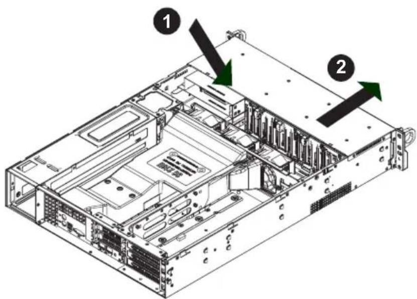 Technical diagram of a server rack with numbered components and directional arrows indicating assembly or movement.