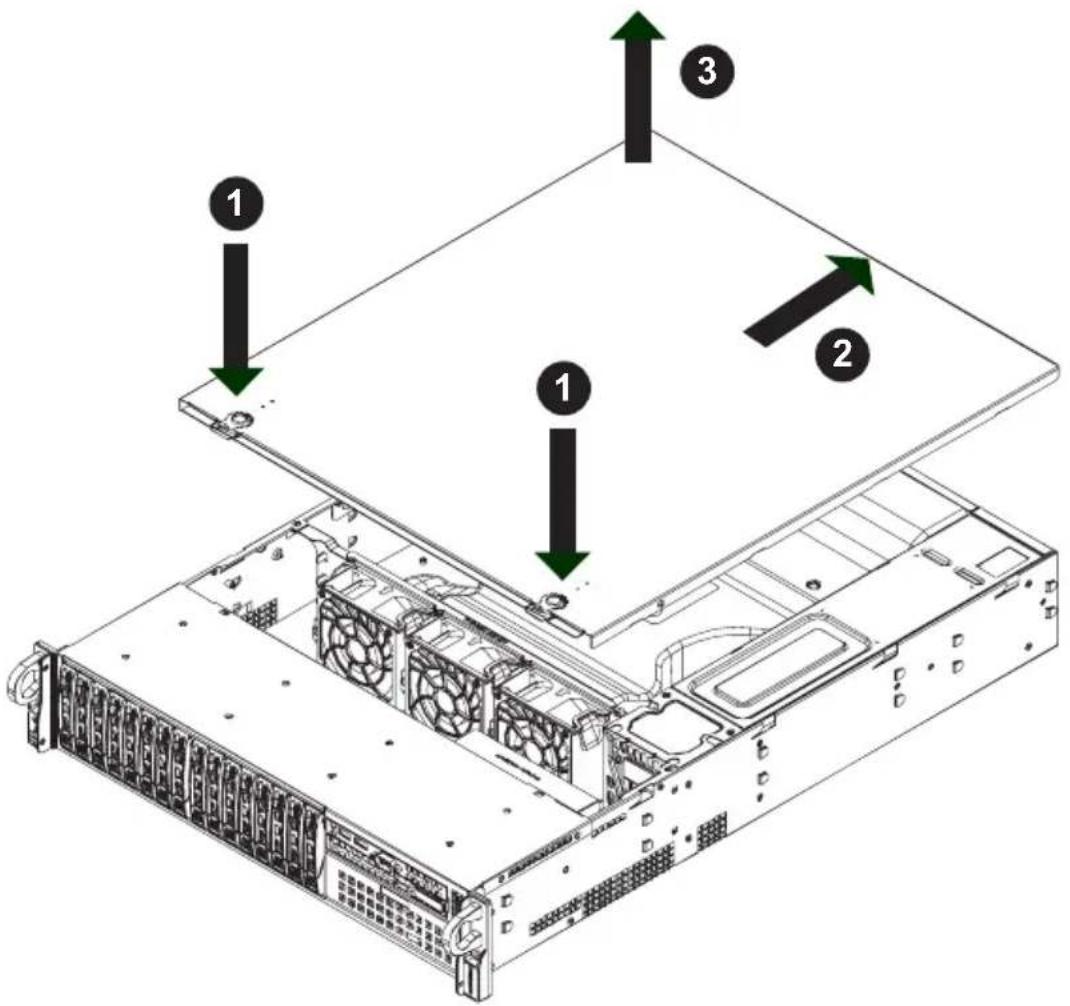 Diagram of a server rack with labeled components and directional arrows indicating assembly or movement.