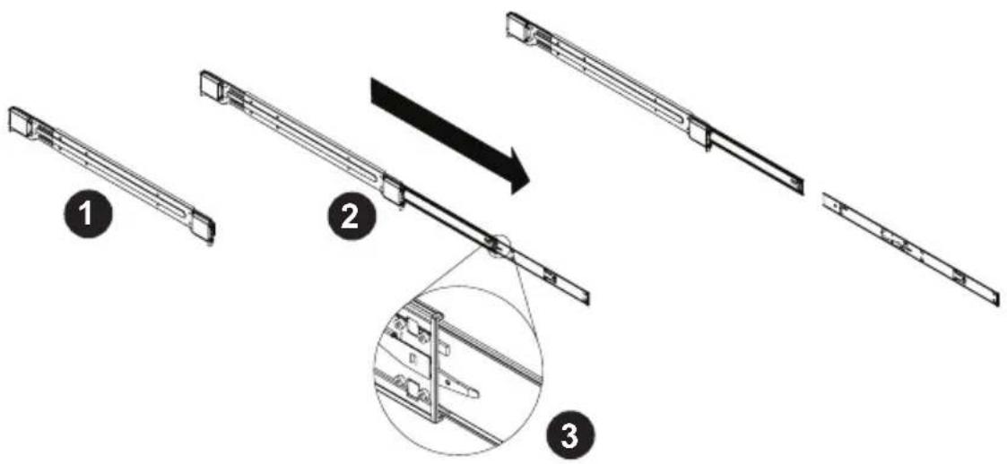 Technical diagram showing three-step assembly steps of a mechanical component with labeled parts and an inset detail view.