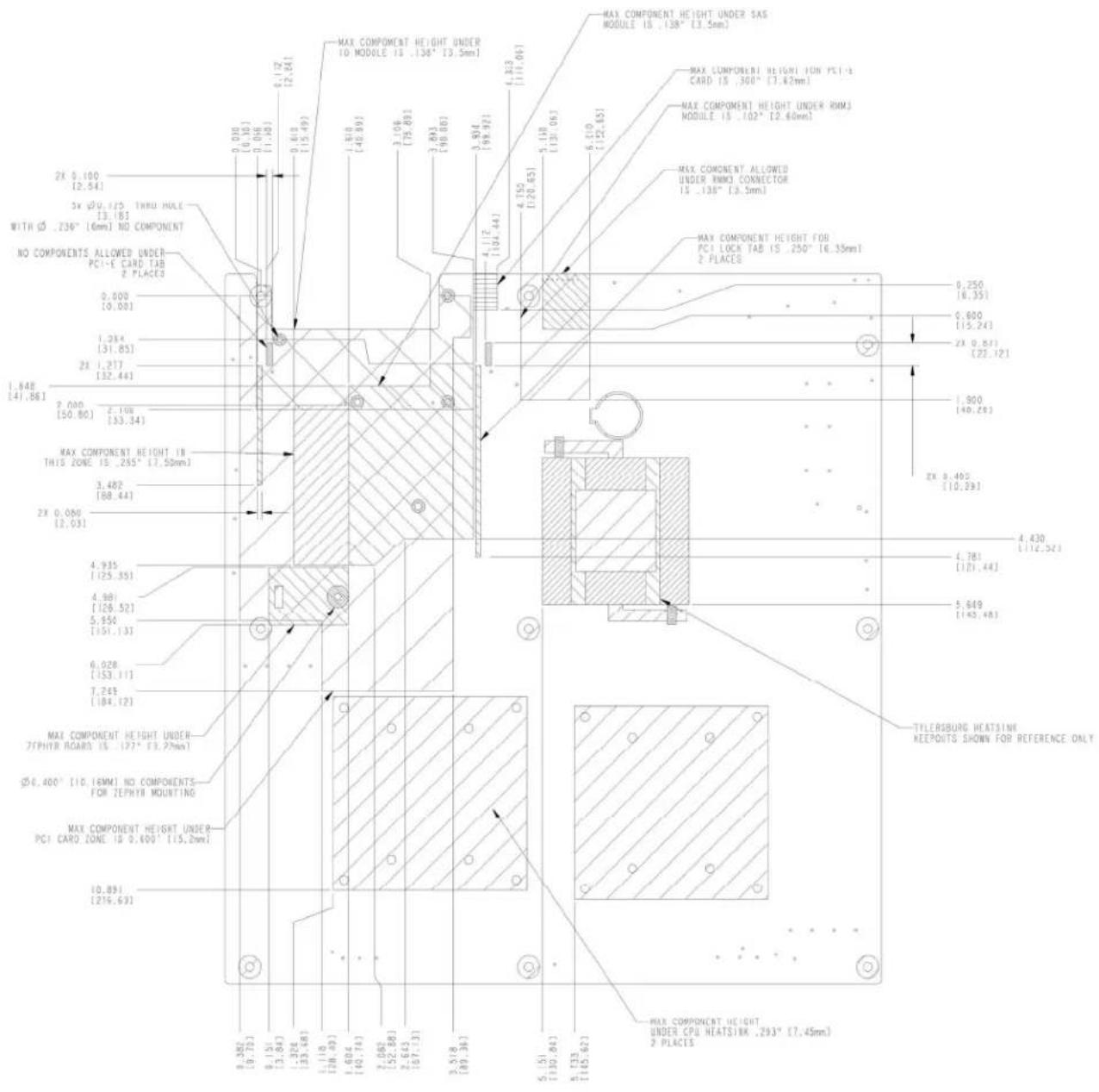 MAX COMPONENT HEIGHT UNDER SAS MODULE IS .138" [3.5mm] MAX COMPONENT HEIGHT UNDER SAS MODULE IS .138" [3.5mm] MAX COMPONENT HIHT ON PCI-1 CARD IS .300" [7.62mm] MAX COMPONENT HEIGHT UNDER RMM3 MODULE IS .102" [2.60mm] MAX COMPONENT ALLOWED UNDER RMM3 CONNECTOR IS .138" [3.5mm] MAX COMPONENT HEIGHT FOR PCI LOCK TAB IS .250" [6.35mm] 2 PLACES 0.250 [8.35] 0.600 [15.24] 2X 0.871 [22.12] 1.900 [40.24] 2X 0.400 [10.29] 4.430 [112.52] 4.781 [121.44] 5.649 [142.48] TILERSBURG HEATSINE KEEPOUTS SHOWN FOR REFERENCE ONLY MAX COMPONENT HEIGHT UNDER PCI CARD ZONE IS .0.600" [15.2mm] MAX COMPONENT HEIGHT UNDER PCI CARD ZONE IS .0.600" [15.2mm] MAX COMPONENT HEIGHT UNDER PCI CARD ZONE IS .0.600" [15.2mm] MAX COMPONENT HEIGHT UNDER CPU HEATSINN .293" [7.45mm] 2 PLACES