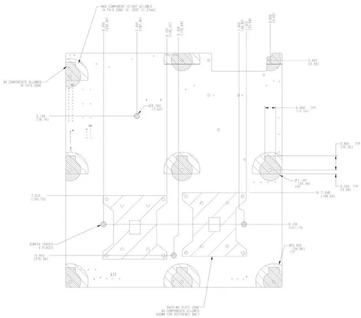 MAX COMPONENT HEIGHT ALLOWED IN THIS ZONE IS .050" [1.23mm] 0.250 [234,91] 7.400 [187,91] 5.731 [145,971] 7.550 [135,89] 1.450 [36,83] [1,325] [33,467] 0.000 [0,80] 0.000 [0,80] 0.600 TYP [15,241] 0.800 TYP [20,323] 0.200 TYP [5,583] 7.510 [190,751] 0.160 [29,48] TYP 2X 7.340 [189,633] SUNPER TARGET- E PLACES 10.850 [235,591] 0.100 [241,14] Ø2.000 [50,80] TYP BACKING PLATE ZONE NO COMPONENTS ALLOWED SHOWN FOR REFERENCE ONLY