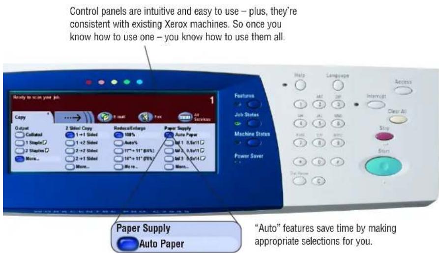 Control panels are intuitive and easy to use – plus, they're consistent with existing Xerox machines. So once you know how to use one – you know how to use them all. Ready to scan your job 1 Copy Output Callered 1 Staple 2 Staples More... 2 Sided Copy 1+1 Sided 1-2 Sided 2-2 Sided 2-1 Sided More... Reduce/Enlarge 100% Auto's 17"+ 11" (64%) 14"+ 11" (78%) More... Paper Supply Auto Paper Info 1 0.5x11 Info 2 0.5x11 Info 3 0.5x14 More... Power Saver Help Language Access AM DIP Interrupt Clear All Stop Start Paper Supply Auto Paper "Auto" features save time by making appropriate selections for you.