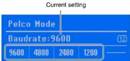 Current setting Pelco Mode Baudrate:9600 12 9600 4800 2400 1200