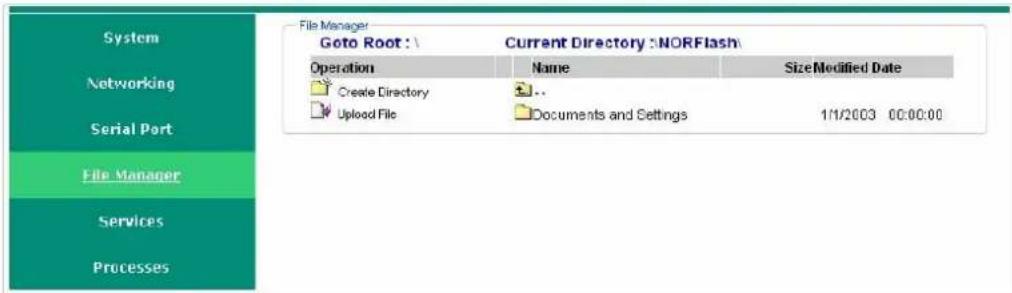 System Networking Serial Port File Manager Services Processes File Manager Goto Root :\ Current Directory :NORFlash\ Operation Name SizeModified Date Create Directory .. Upload File Documents and Settings 1/1/2003 00:00:00