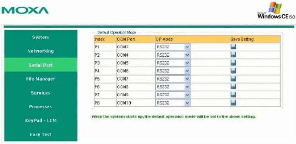 MOXA Windows CE 5.0 System Networking Serial Part File Manager Services Processes KeyPad - LCM Easy Test Default Operation Mode Index COM Port OP Mode Save Setting P1 COM3 RS232 P2 COM4 RS232 P3 COM5 RS232 P4 COM6 RS232 P5 COM7 RS232 P6 COM8 RS232 P7 COM9 RS232 P8 COM10 RS232 When the system starts up, the default operation mode will be set to the above setting.
