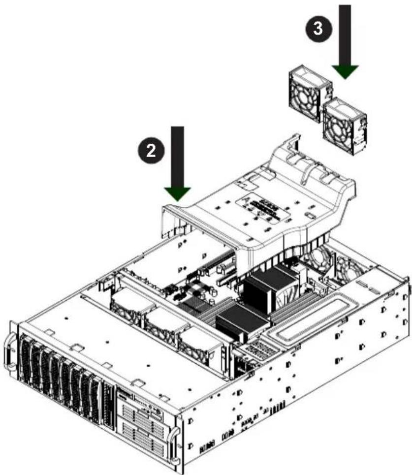Technical diagram of a server rack with labeled components and directional arrows indicating assembly steps