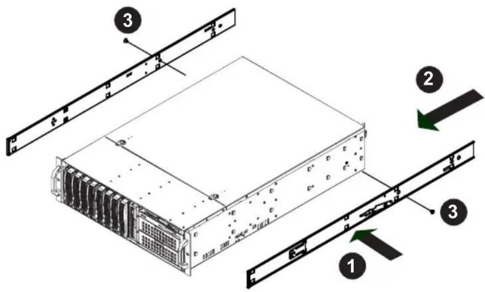 Diagram of a server rack with labeled components and directional arrows indicating assembly steps