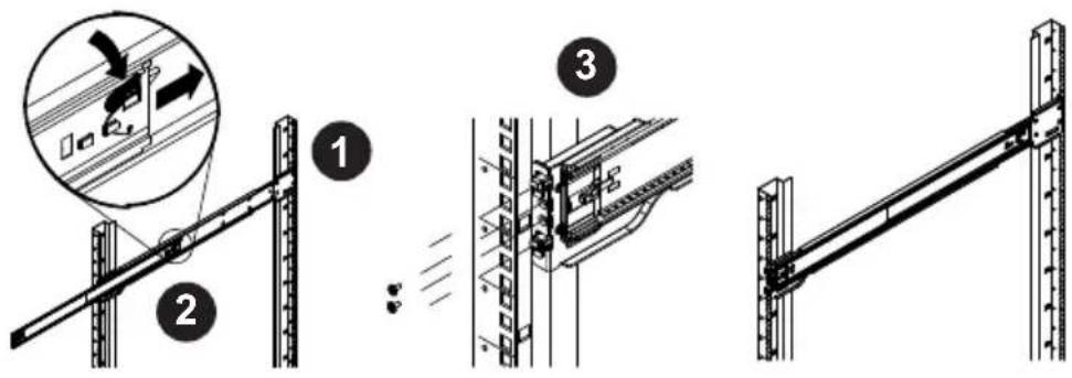Technical diagram illustrating three-step installation of a mechanical bracket with labeled components and motion indicators.