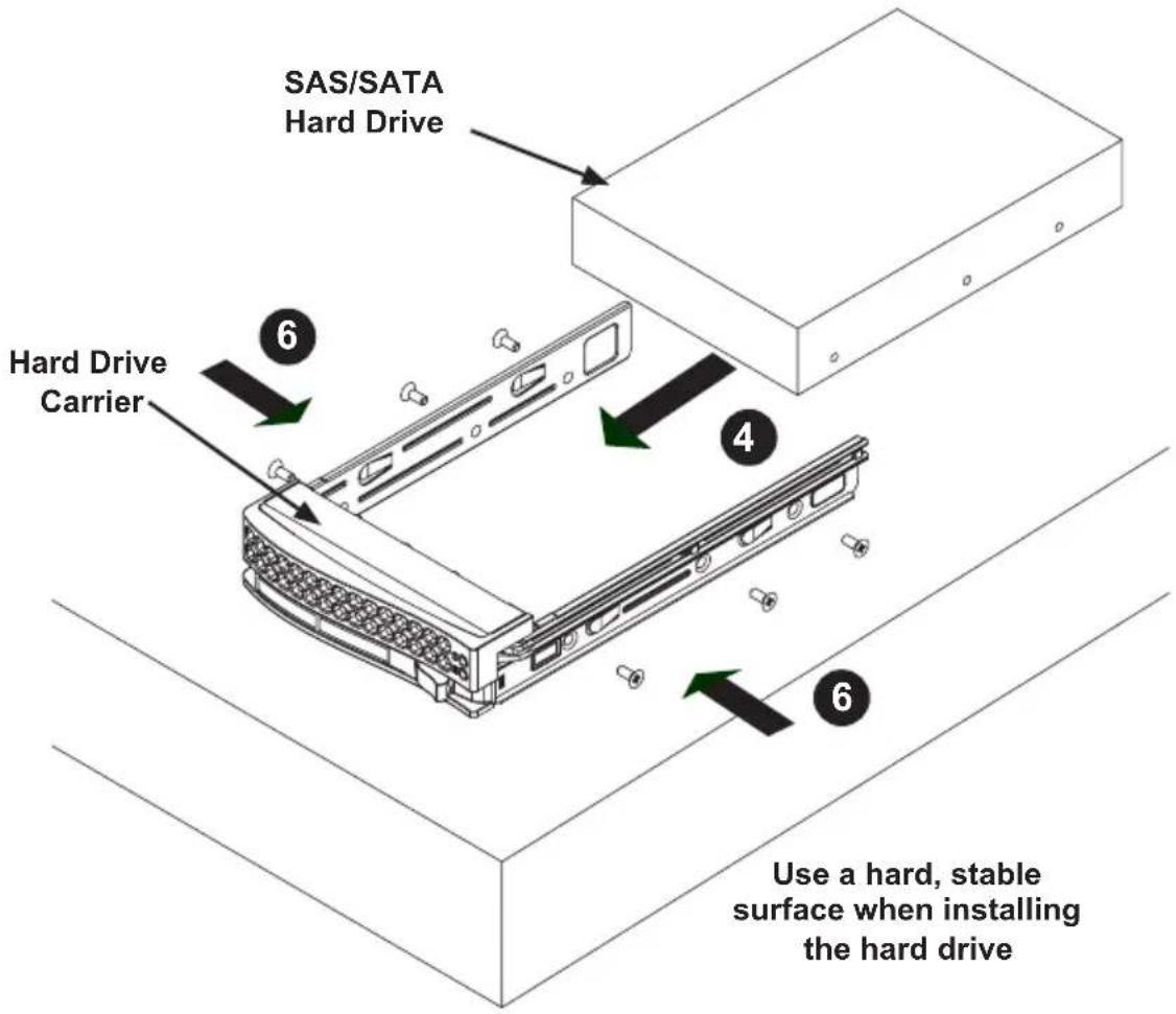 SAS/SATA Hard Drive 6 Hard Drive Carrier 4 6 Use a hard, stable surface when installing the hard drive