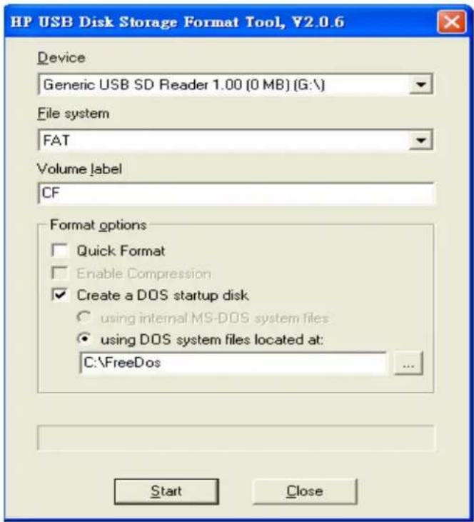 HP USB Disk Storage Format Tool, ¥2.0.6 Device Generic USB SD Reader 1.00 (0 MB) (G:\ File system FAT Volume Label CF Format options Quick Format Enable Compression Create a DOS startup disk using internal MS-DOS system files using DOS system files located at: C:\FreeDos Start Close