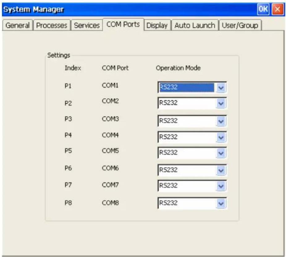 System Manager General Processes Services COM Ports Display Auto Launch User/Group Settings Index COM Port Operation Mode P1 COM1 RS232 P2 COM2 RS232 P3 COM3 RS232 P4 COM4 RS232 P5 COM5 RS232 P6 COM6 RS232 P7 COM7 RS232 P8 COM8 RS232