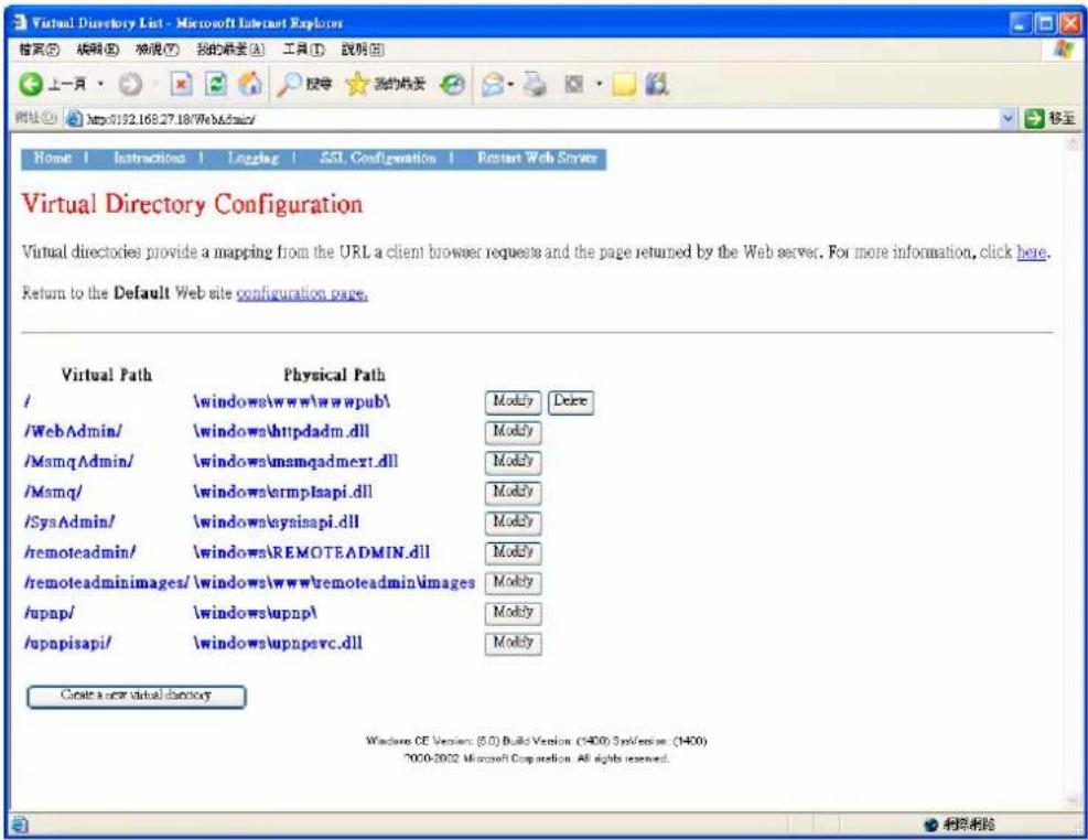 Virtual Directory List - Microsoft Internet Explorer 文件(E) 编辑(E) 检视(V) 我的最新(A) 工具(T) 视图(V) 上一页 网址 http://92.168.27.18/WebAdmin/ Home | Instructions | Logging | SSL Configuration | Restart Web Server Virtual Directory Configuration Virtual directories provide a mapping from the URL a client browser requests and the page returned by the Web server. For more information, click here. Return to the Default Web site configuration page. Virtual Path Physical Path / \windows\www\wwwpub\ /WebAdmin/ \windows\httpdadm.dll /MsmqAdmin/ \windows\msmqadmext.dll /Msmq/ \windows\ermplsapi.dll /SysAdmin/ \windows\eysisapi.dll /remoteadmin/ \windows\REMOTEADMIN.dll /remoteadminimages/ \windows\www\remoteadmin\images /upnp/ \windows\upnp\ /upnpisapi/ \windows\upnpevc.dll Modify Delete Modify Modify Modify Modify Modify Modify Create a new virtual directory Windows CE Version (5.0) Build Version (400) System Version (400) 2000-2002 Microsoft Corporation. All rights reserved.
